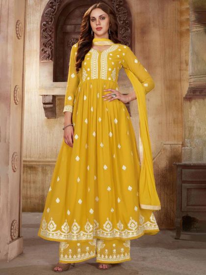 Yellow Thread Embroidered Palazzo Style Salwar Kameez