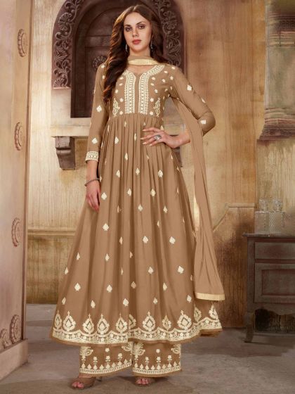 Beige Embroidered Salwar Suit In Georgette