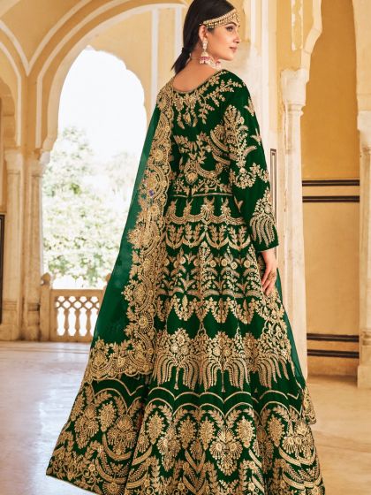 Green Velvet Lehenga Choli With Zari Embroidery 