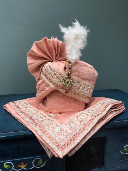 Peach Embroidered Turban For Wedding With Stole