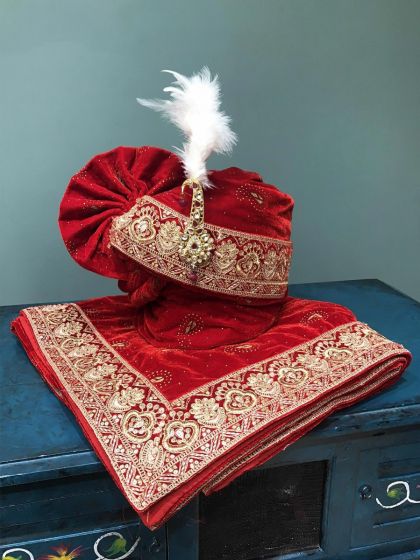 Red Lace Velvet Emboidered Turban For Wedding