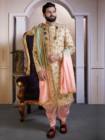 Golden Colour Silk Indian Men's Sherwani.