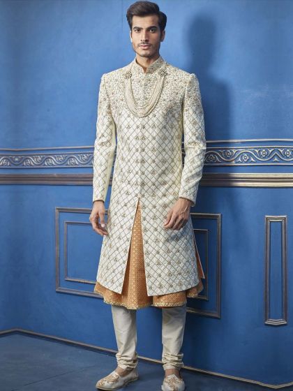 Indian Wedding Sherwani Off White Colour.