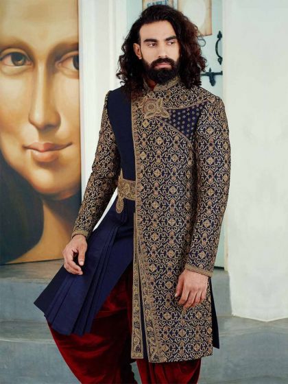 Blue Colour Royal Wedding Sherwani.