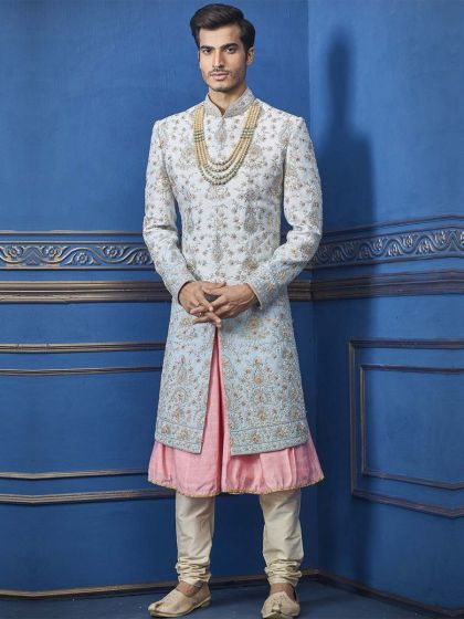 Turquoise Colour Silk Designer Men's Sherwani.