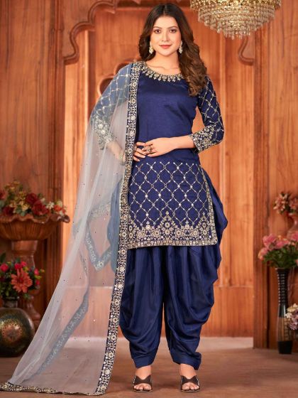 Blue Embroidered Punjabi Suit With Dupatta