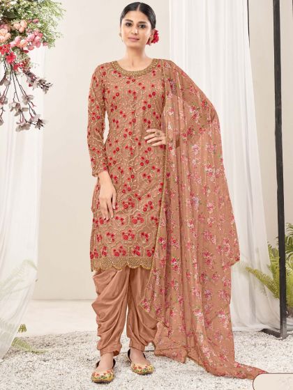 Brown Thread Embroidered Punjabi Salwar Suit