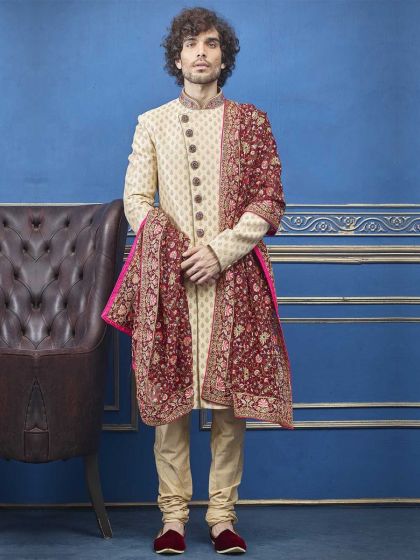 Cream Colour Indian Wedding Sherwani.