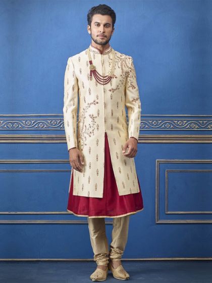 Cream Colour Silk Designer Sherwani.