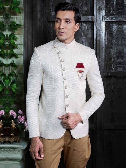 Off White Colour Party Wear Bandhgala Suit