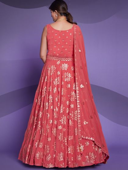 Peach Anarkali Style Suit Set With Sequins Work