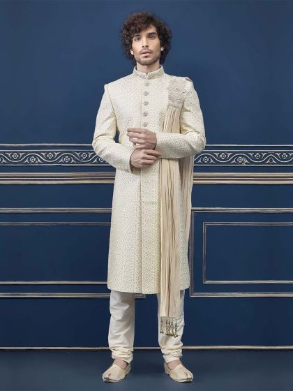 Cream Colour Indian Wedding Sherwani.