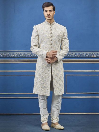 Cream Colour Silk Fabric Men's Sherwani.
