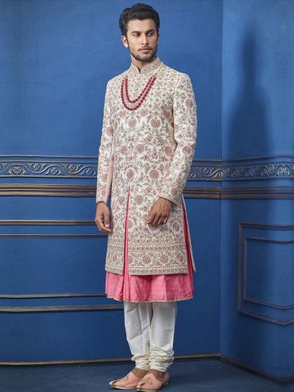 Off White Colour Indian Men's Sherwani.