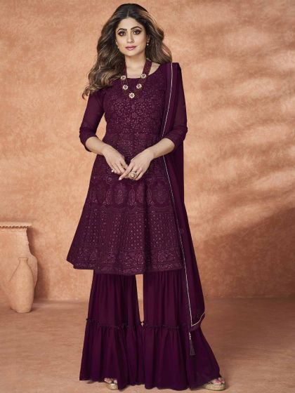 Shamita Shetty Purple Embroidered Sharara Style Salwar Kameez