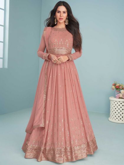 Peach Thread Embroidered Anarkali Salwar Suit