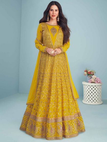 Yellow Thread Embroidered Anarkali Salwar Suit