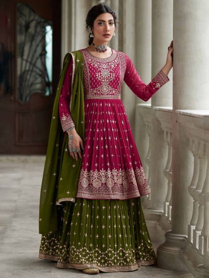 Pink Embroidered Kurti Style Lehenga With Dupatta