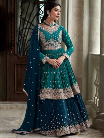 Turquoise Embroidered Lehenga Choli In Georgette