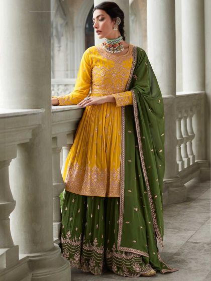 Yellow Thread Embroidered Kurti Style Lehenga