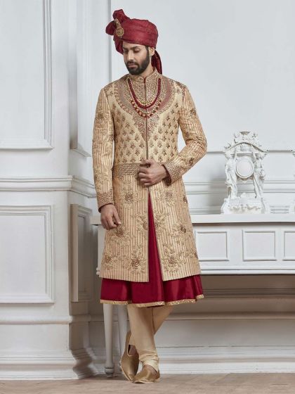 Golden,Maroon Color Wedding Sherwani.