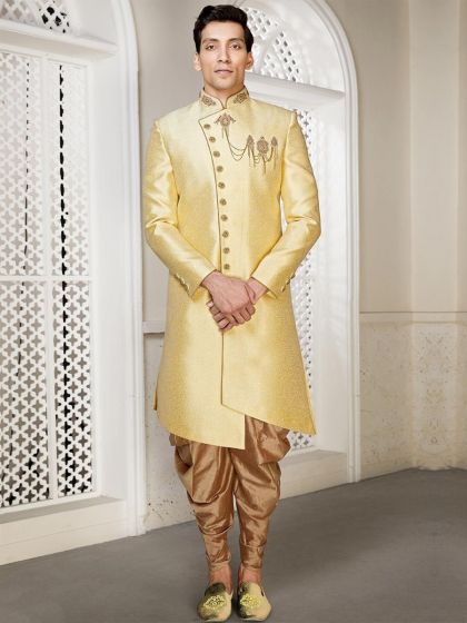 Golden Colour Brocade Fabric Men's Indowestern.
