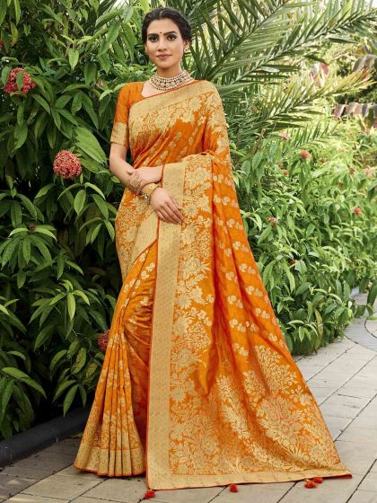 Golden,Orange Colour Silk Traditional Saree.