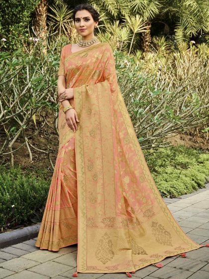 Peach Colour Silk Wedding Saree.