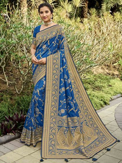 Blue Colour Silk Women Saree With Weaving Work.