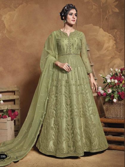 Green Colour in Net Designer Salwar Kameez With Thread,Zari Work.