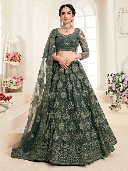 Green Colour Net Party Wear Lehenga Choli.