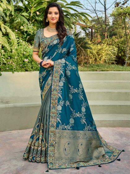 Blue Colour Silk Saree With Zari,Embroidery Work.