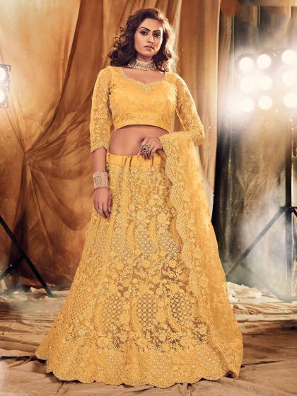 Yellow,Golden Colour Net Designer Lehenga.