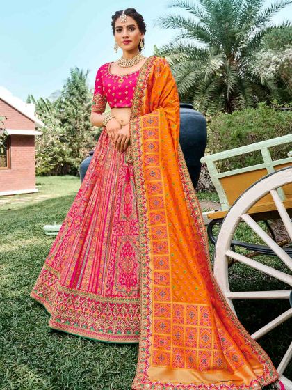 Yellow,Pink Colour Silk Fabric Wedding Lehenga Choli.