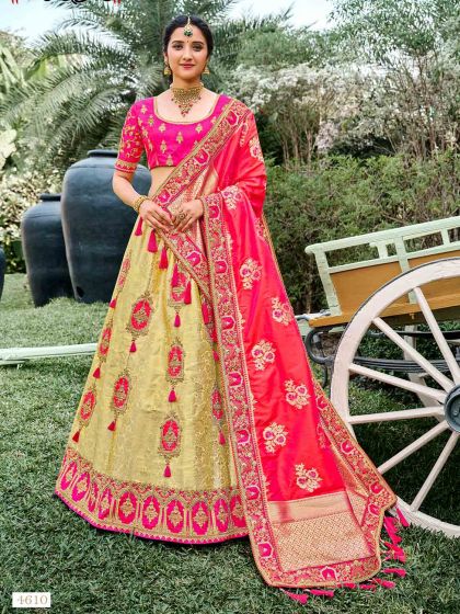 Golden,Pink Colour Silk Fabric Bridesmaid Lehenga Choli.