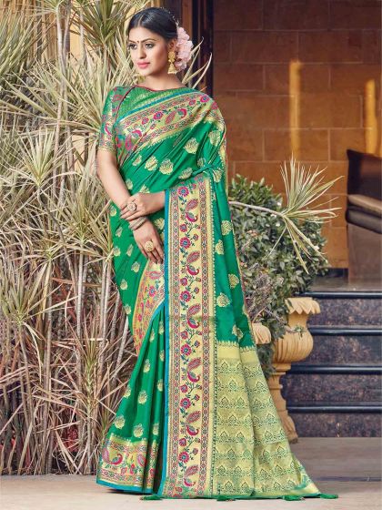 Silk Designer Saree Green Colour.