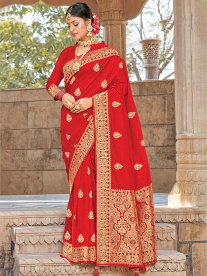 Silk Designer Bridal Saree Red Colour.