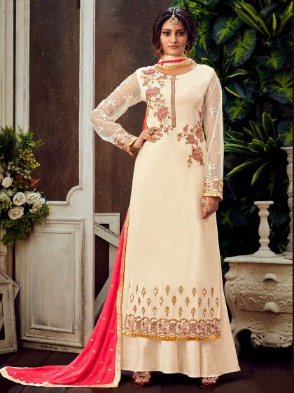 Off White Colour Georgette Designer Salwar Kameez.