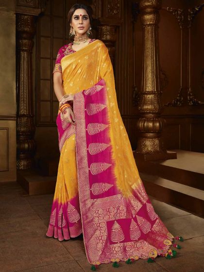 Silk Fabric Indian Designer Saree Yellow Colour.