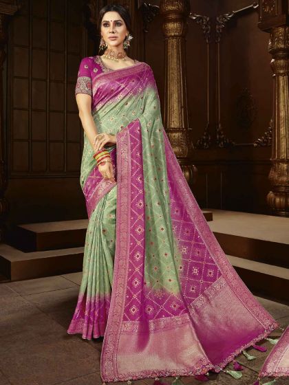 Green,Pink Colour Silk Traditional Saree.