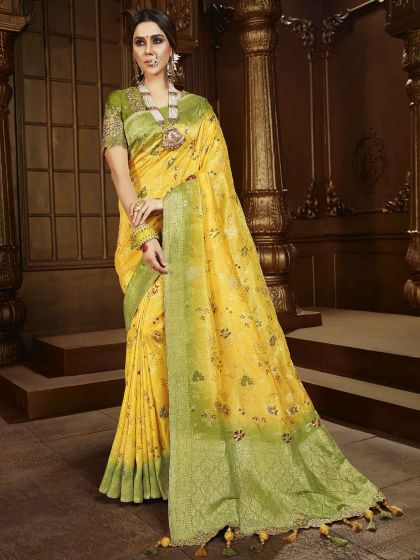 Silk Fabric Indian Traditional Saree Yellow Colour.