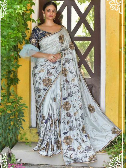 Grey Colour Silk Designer Saree.