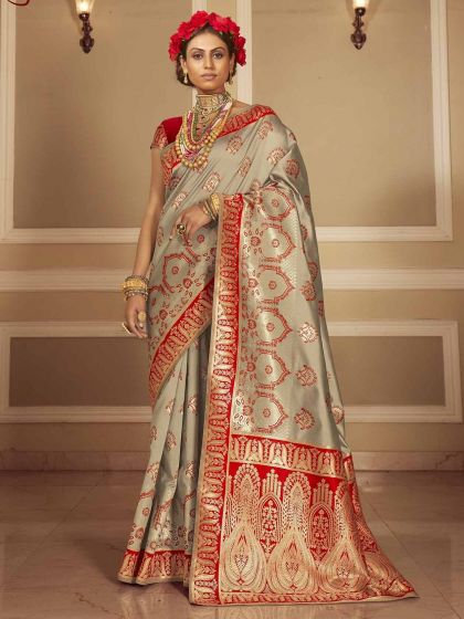 Grey Colour Banarasi Silk Designer Saree.