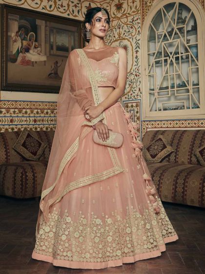 Peach Colour Net Fabric Designer Lehenga Choli.