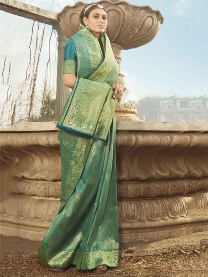 Rama Green Colour Banarasi Silk Fabric Weaving Saree.