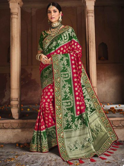 Red,Green Colour Silk Designer Saree.
