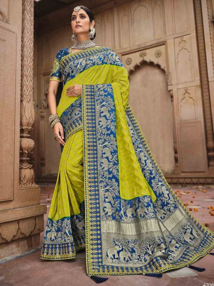 Green,Blue Colour Silk Fabric Weaving Saree.