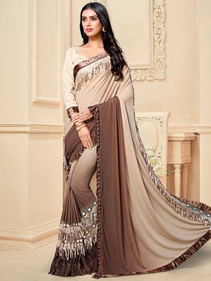 Fancy Fabric Designer Saree Brown,Cream Colour.