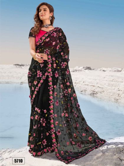 Black Colour Party Wear Saree in Net Fabric.