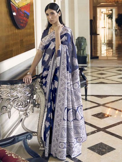 Blue Colour Silk Saree With Weaving Work.